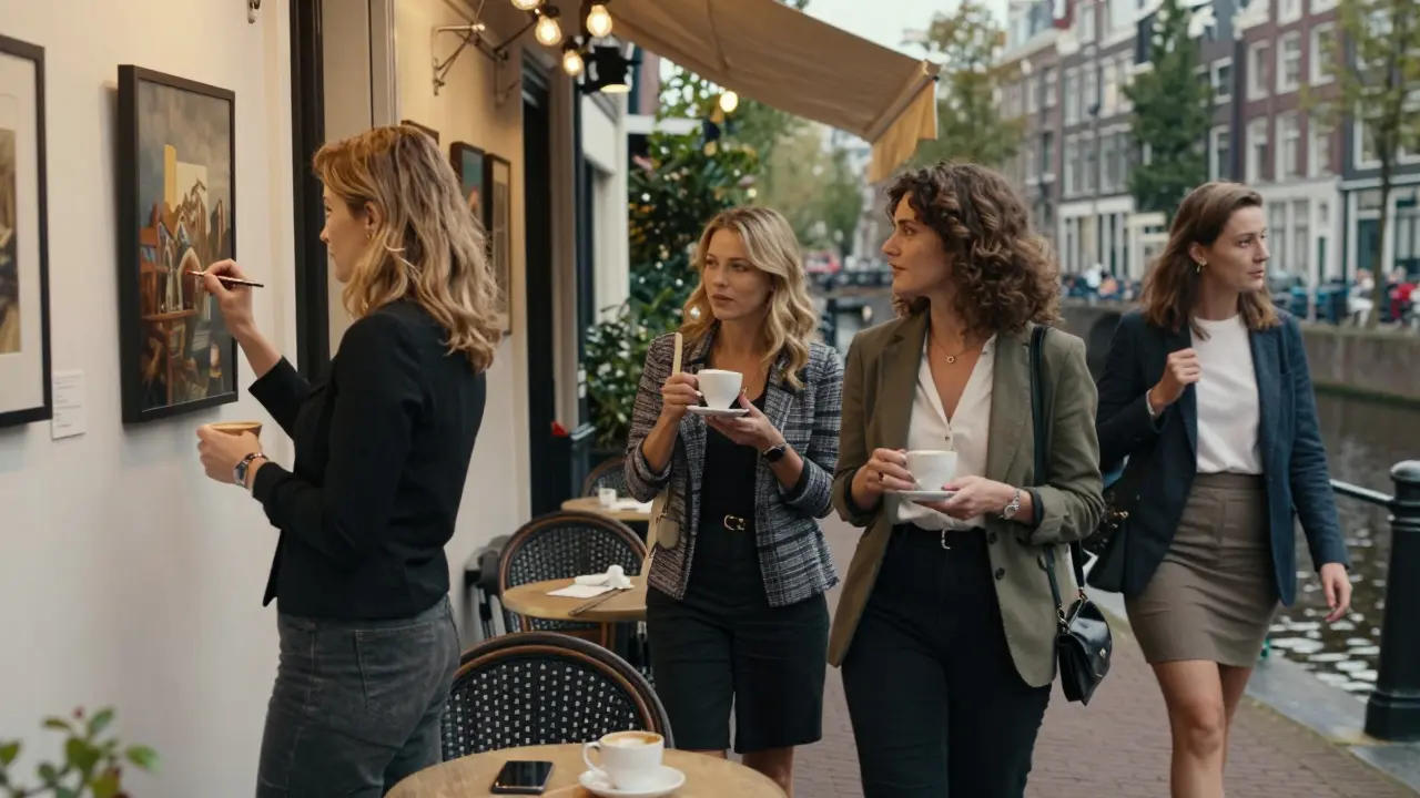 Professional female companions in London, Paris, and Amsterdam engaging in cultural activities with clients.