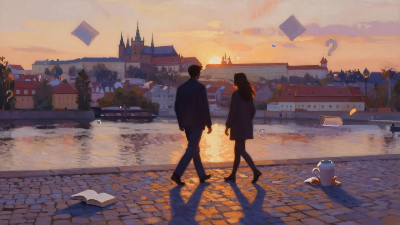 Silhouettes walking by a river at sunset, surrounded by symbols of authentic connection.