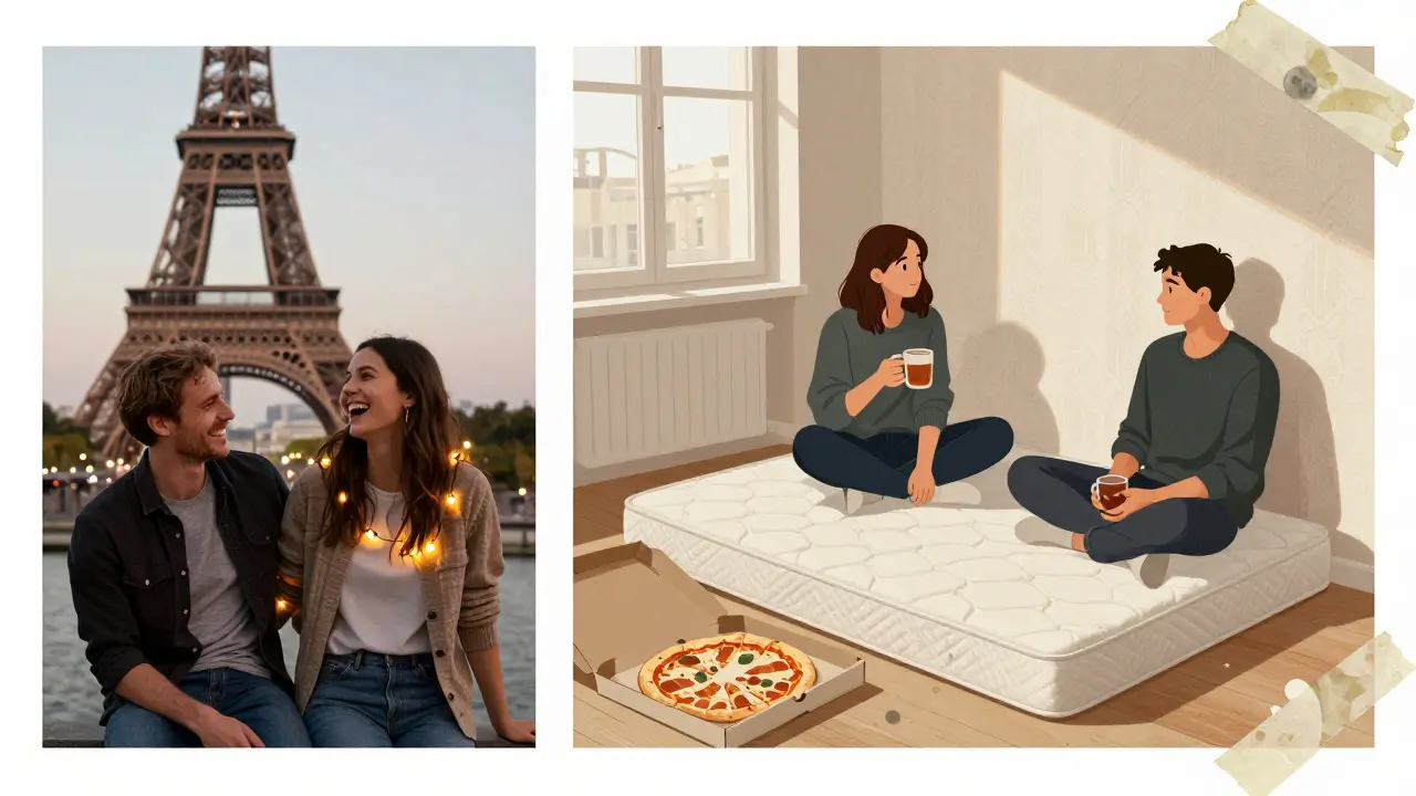 Split image: idealized romantic photo vs. quiet reality in a sparse apartment.