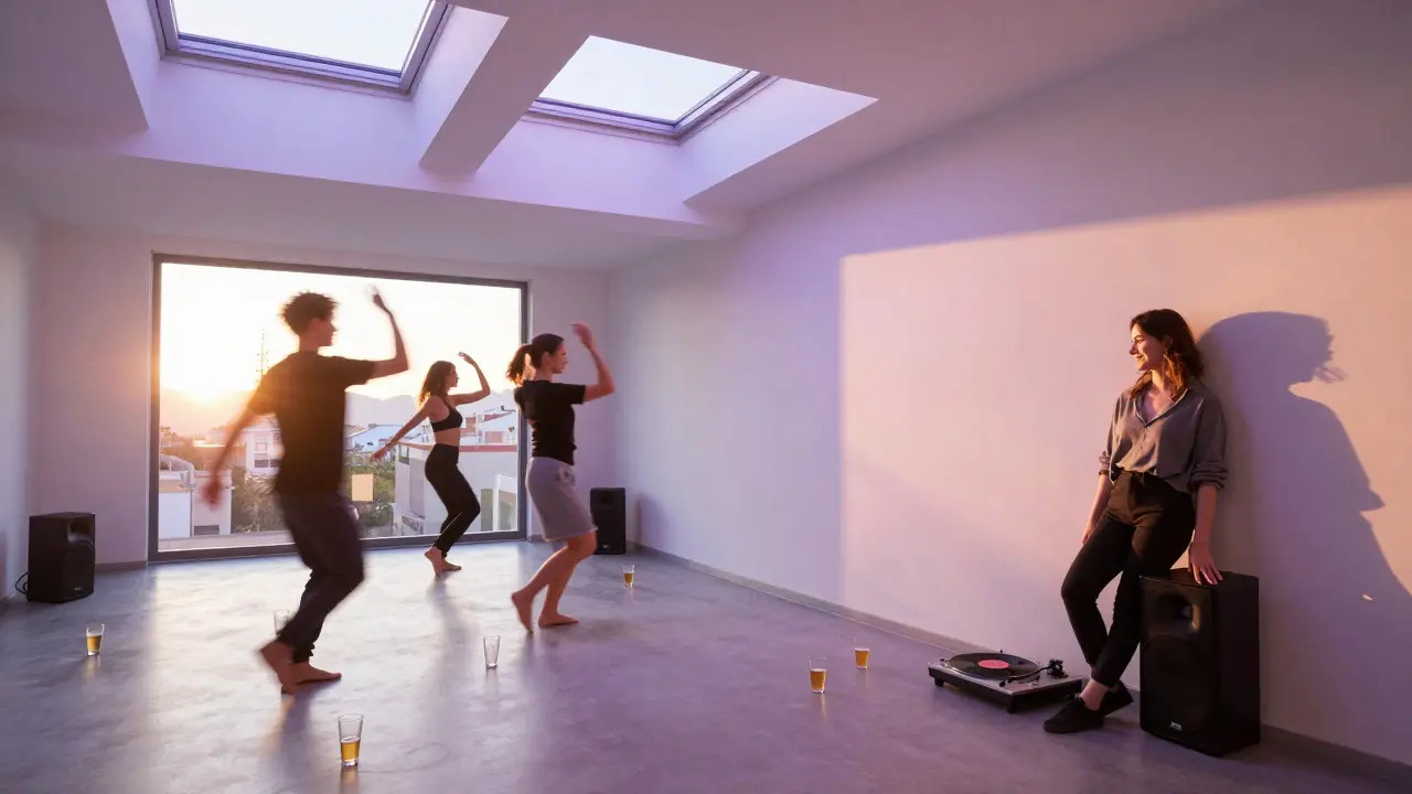 Sunrise streaming into a quiet club as the last dancers sway to jazz-house music at dawn.