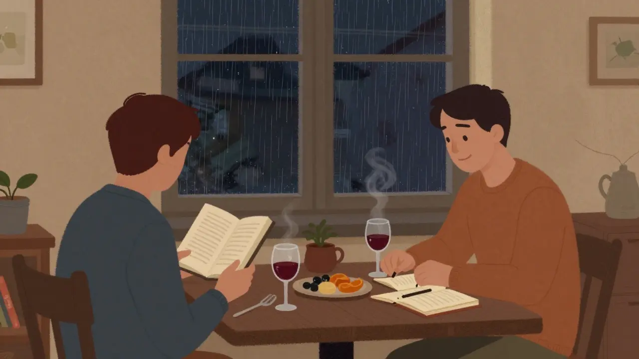 Two figures share a quiet evening in a Prague apartment, their backs turned, connected through shared moments without words.