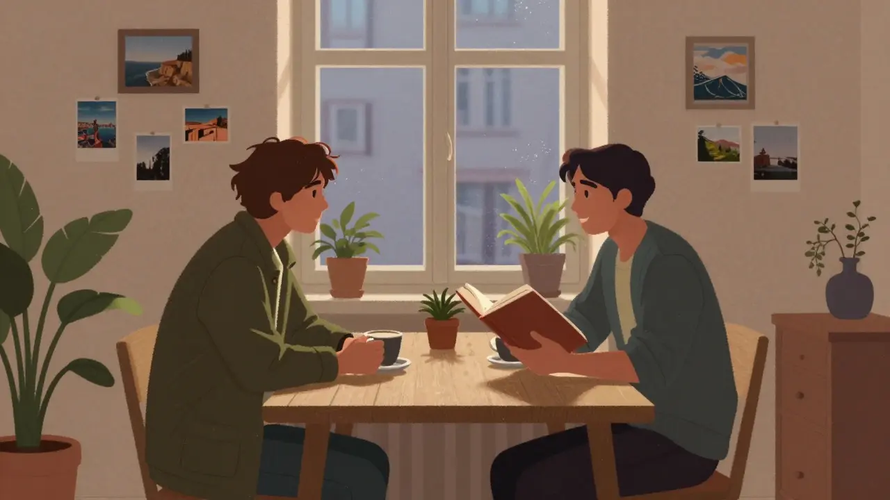 Two people sharing coffee and conversation in a cozy Berlin apartment, relaxed and respectful.