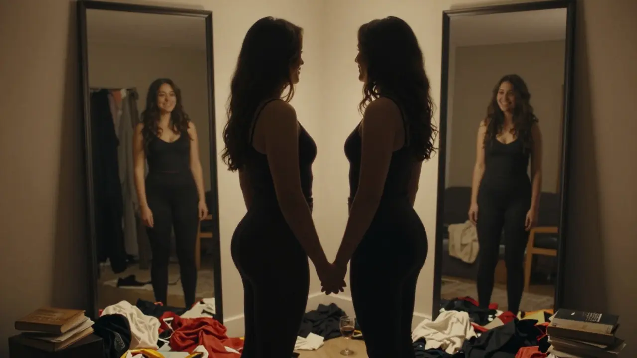 Two silhouettes smiling at their reflections in a mirror, holding hands, surrounded by personal items in a cozy room.