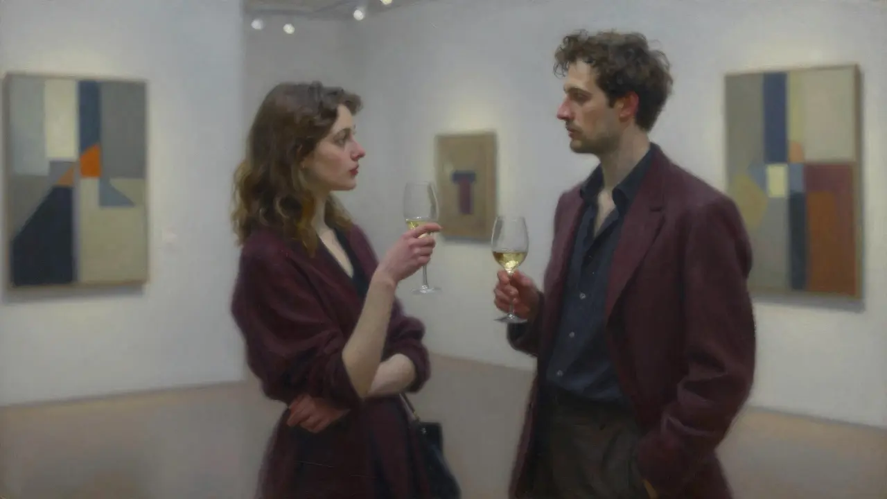 Woman in an art gallery subtly mirroring a man’s posture, twisting a wine glass.