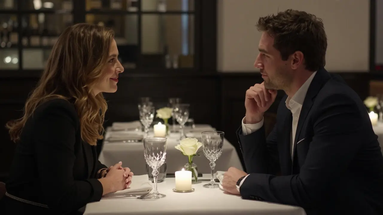 A couple in a fine London restaurant sharing quiet conversation over candlelight, no devices, only presence.