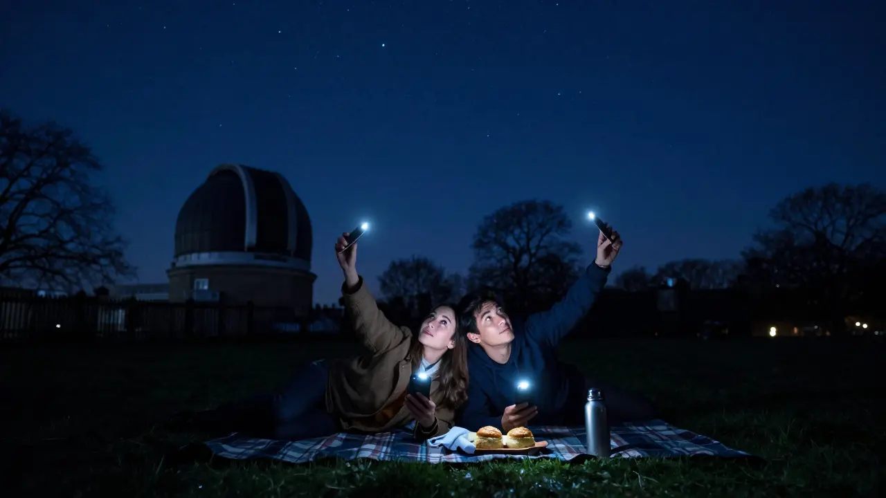A couple stargazes on a blanket in Greenwich Park under a starry sky with the Royal Observatory nearby.