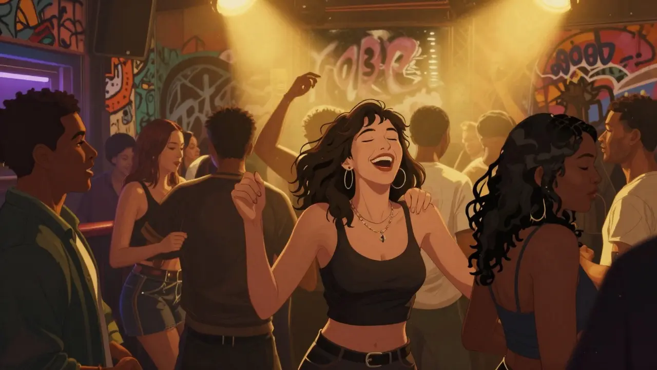 A diverse group of people dancing together in a vibrant London club, sharing joy and connection.