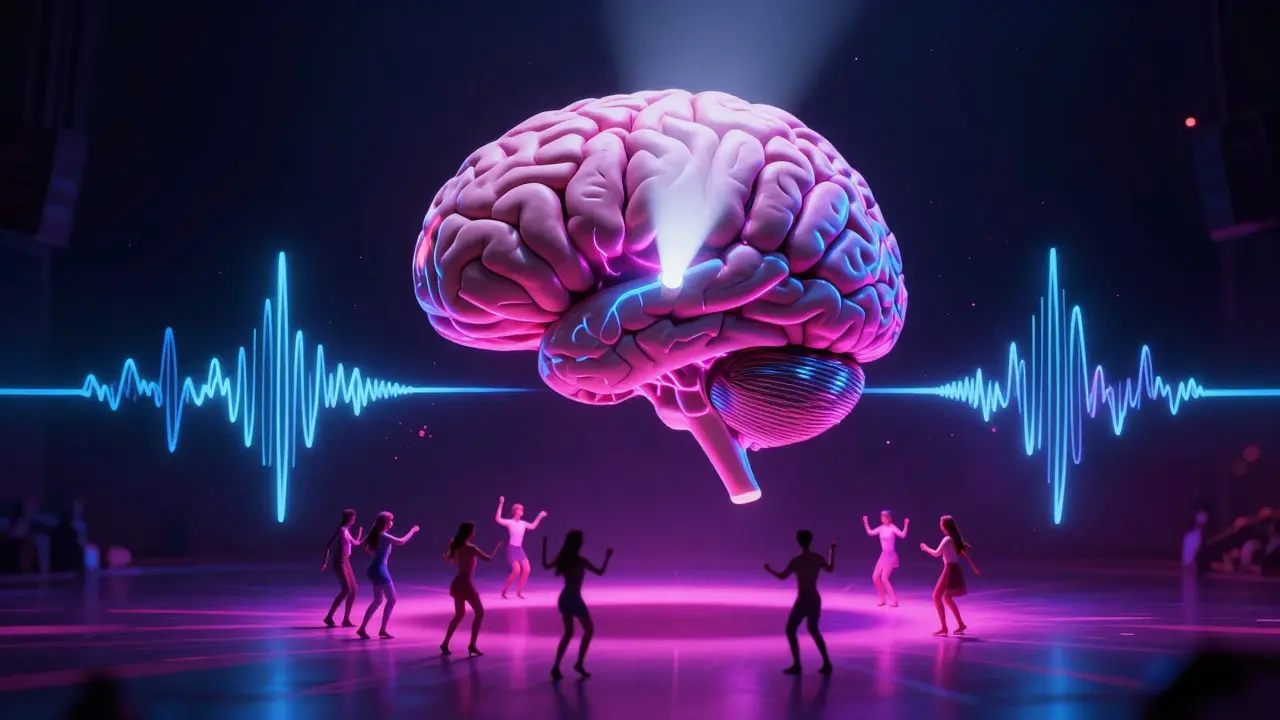 A glowing brain above a dance floor, its neural activity synced to music, symbolizing mental release.