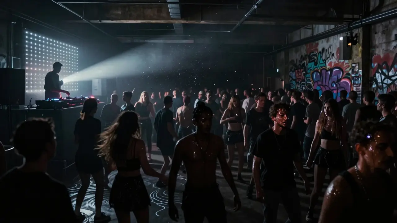 A massive underground techno crowd in darkness moves as one, bathed in pulsing bass and strobe lights.