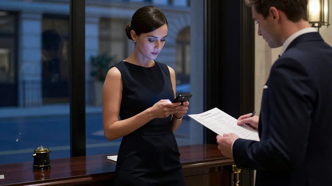 A professional escort in a black dress waiting in a luxury London hotel lobby, holding a tablet with encrypted messages and a detailed itinerary.