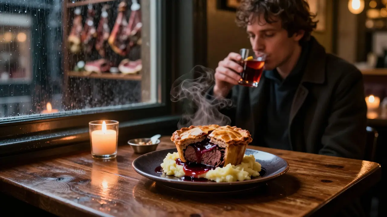 A rich beef cheek pie with red wine jus at The Ginger Pig bistro, lit by candlelight and served to a quiet diner.