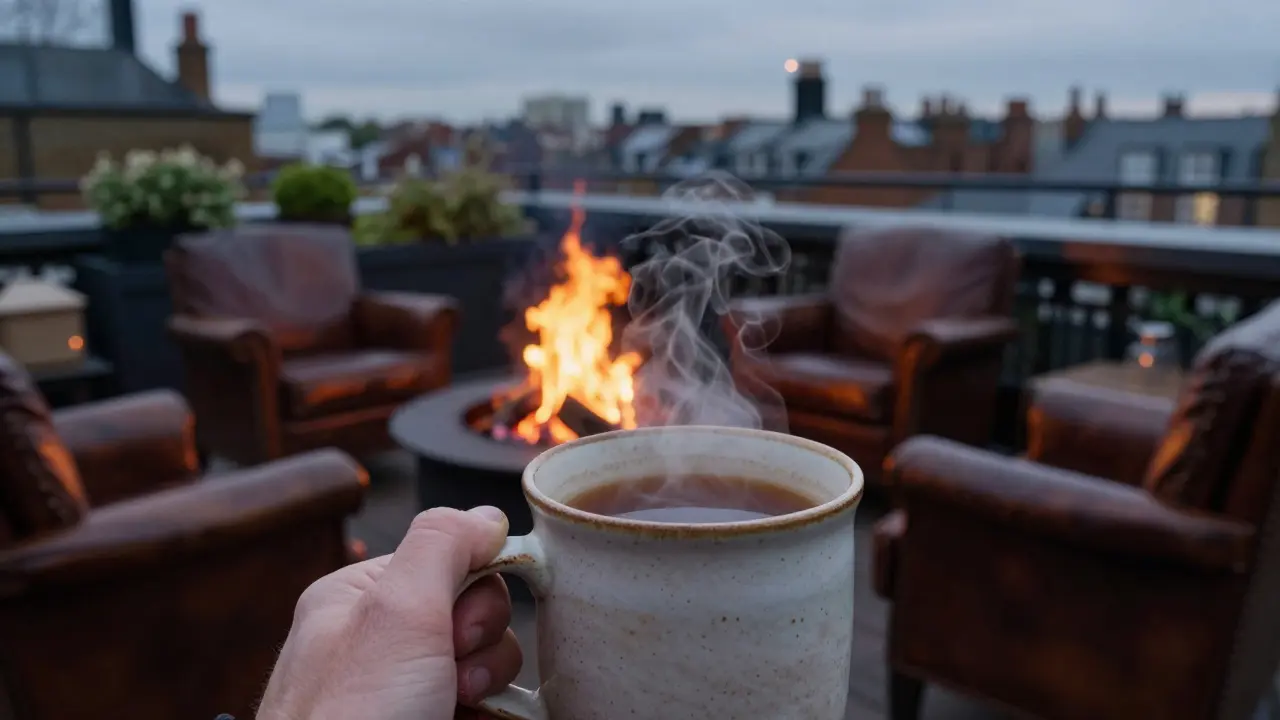 A steaming mug of hot buttered rum beside a crackling wood fire on a London rooftop.