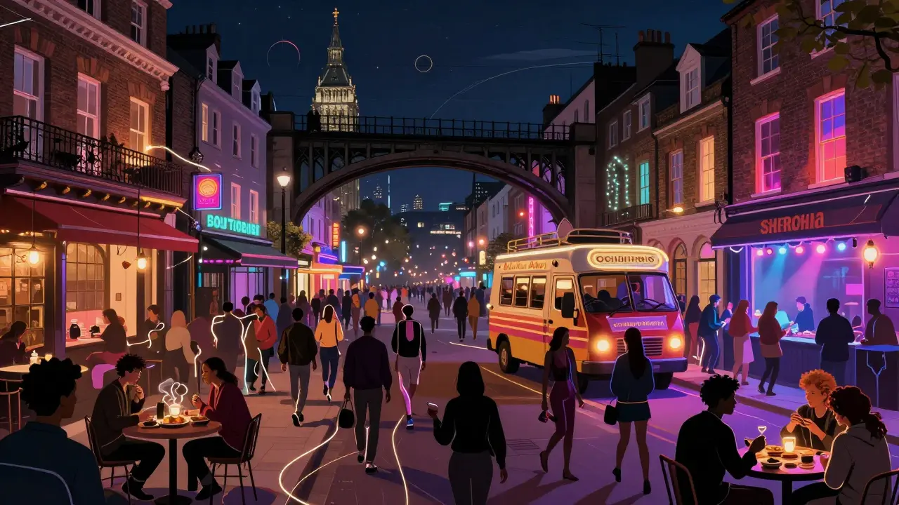 A tapestry-like collage of London’s nightlife layers: gin palace, rave, food van, and silent disco, with diverse people connected by music and conversation.