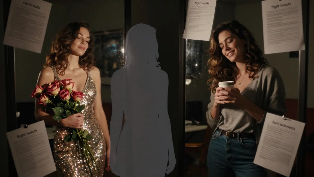 A woman caught between fantasy and reality, shown in a transparent silhouette with dual reflections of idealized and authentic self.