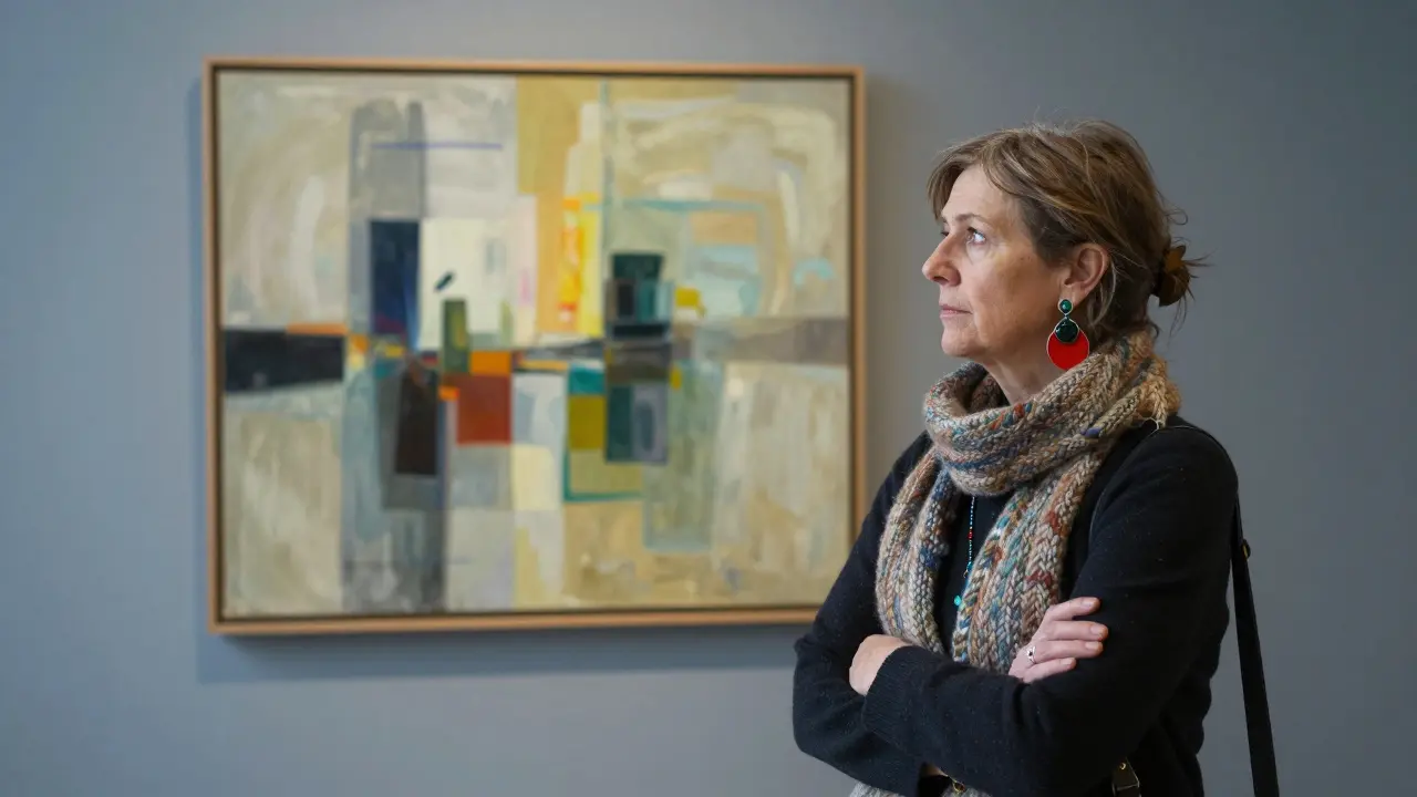 A woman in her 50s deeply engaged with an abstract painting in a quiet art gallery.