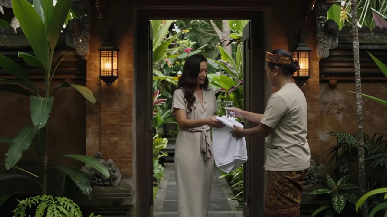 A woman is warmly welcomed at a hidden Bali boutique hotel with a chilled towel and sparkling water in a lush garden.