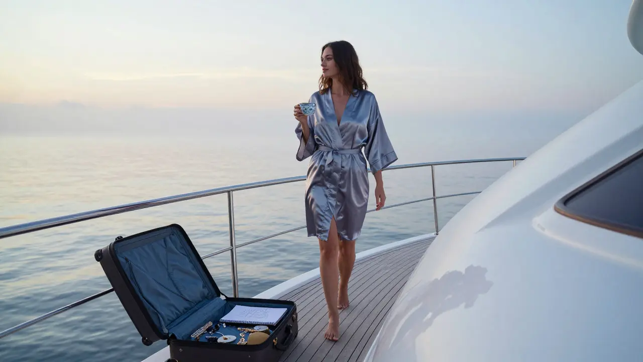 A woman on a private yacht at dawn, wearing a silk robe, holding tea as the sun rises over calm water.