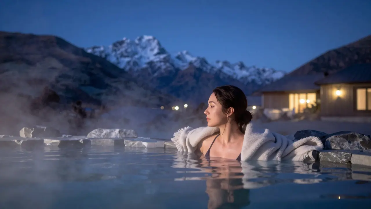 A woman soaks in a private hot spring under starlit skies in Queenstown, surrounded by mountains and quiet serenity.