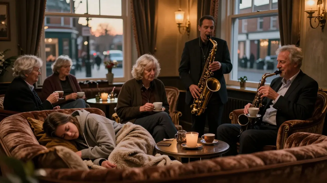 An after-hours lounge at dawn in Peckham with soft lighting, jazz music, and people relaxing on couches.