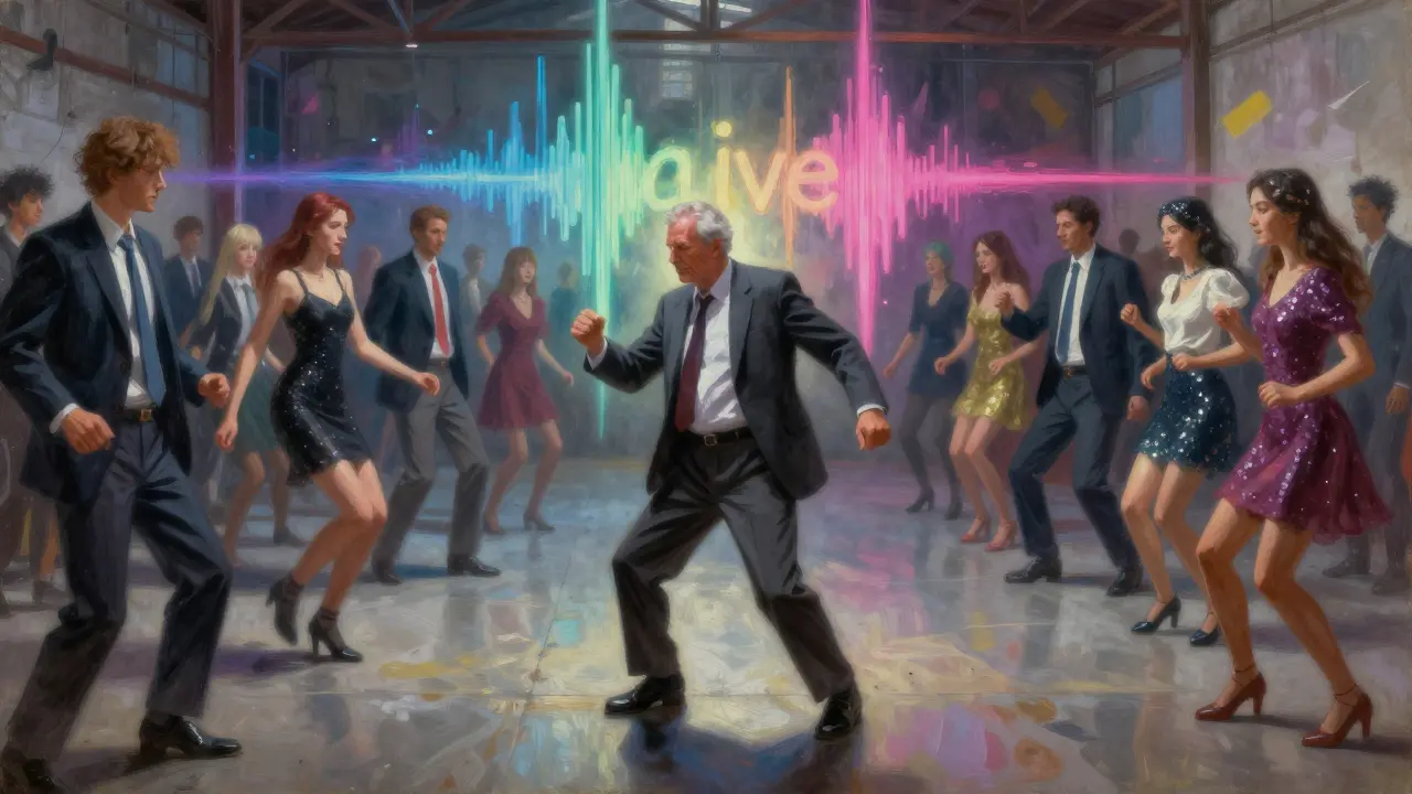 An elderly man dances passionately amid a diverse crowd at dawn, abstract sound waves and shadows surrounding them, no clothing or identity judged.