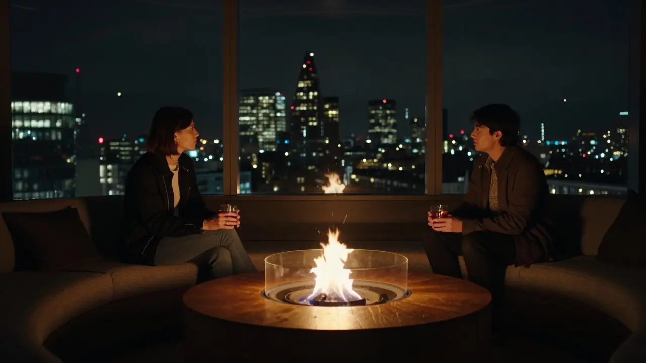 An intimate nighttime rooftop lounge with a circular fire pit and glowing London skyline.
