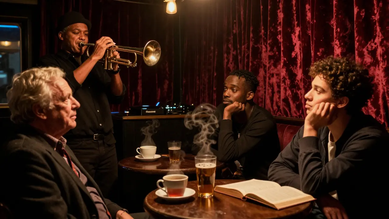 An intimate Soho jazz club with dim lighting, a trumpet player performing, and a mix of patrons lost in the music, a pint and book beside them.