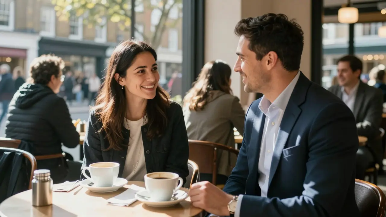 Client and companion meeting safely in a London café, enjoying coffee in a public setting.