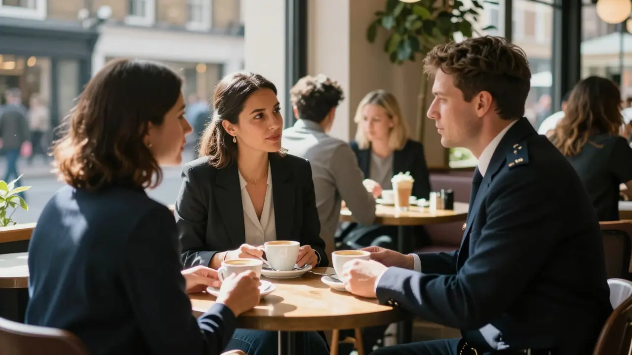Client and escort conversing respectfully in a busy London café