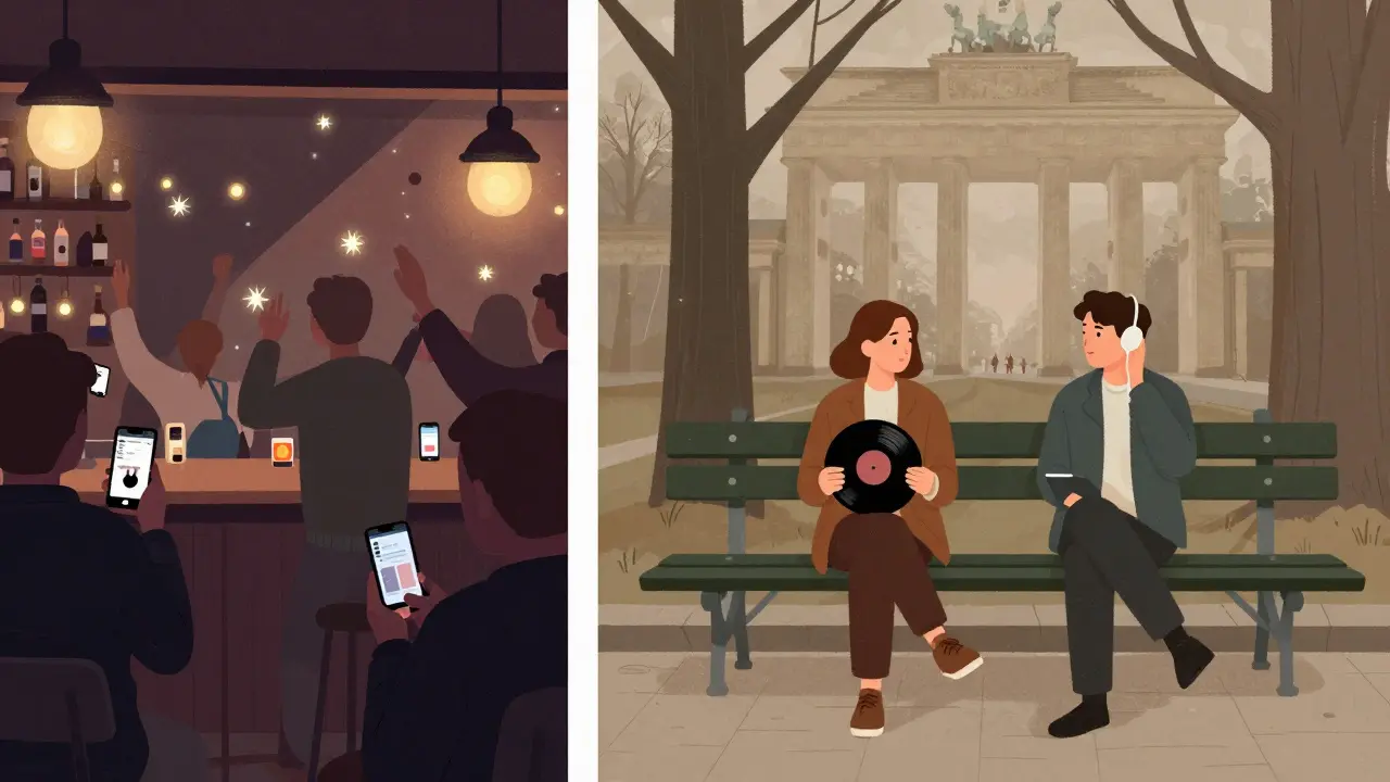 Contrast between a chaotic dating bar and two people walking peacefully in a Berlin park.