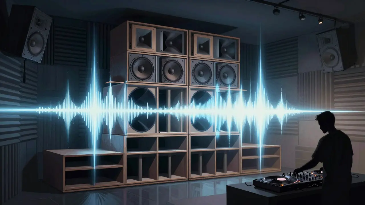 Cross-section view of Ministry of Sound's custom-engineered speaker system with even sound wave distribution across the room.