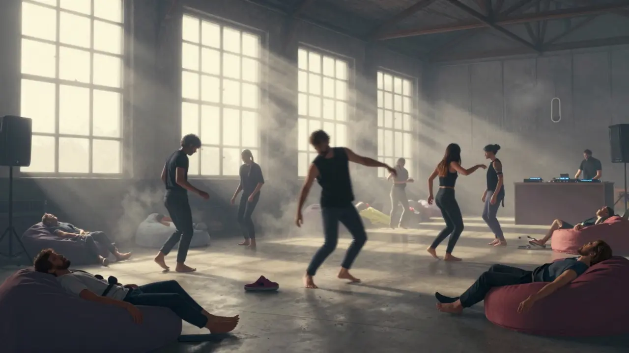 Dawn light enters a warehouse as exhausted dancers still move, some resting on beanbags, one shoe abandoned near the DJ booth, no phones in sight.