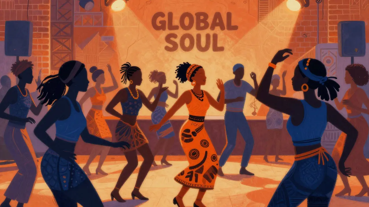 Diverse crowd dancing to Afrobeat and Latin soul music in a vibrant venue.