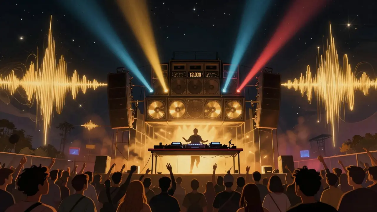 DJ booth floating above crowd at Studio 338, soundwaves rippling through sky, neon lights merging with stars.
