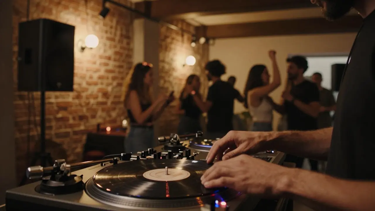 DJ spinning vinyl records with crowd swaying in intimate music venue.
