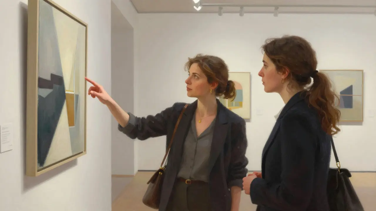European woman and client discussing art in a gallery setting