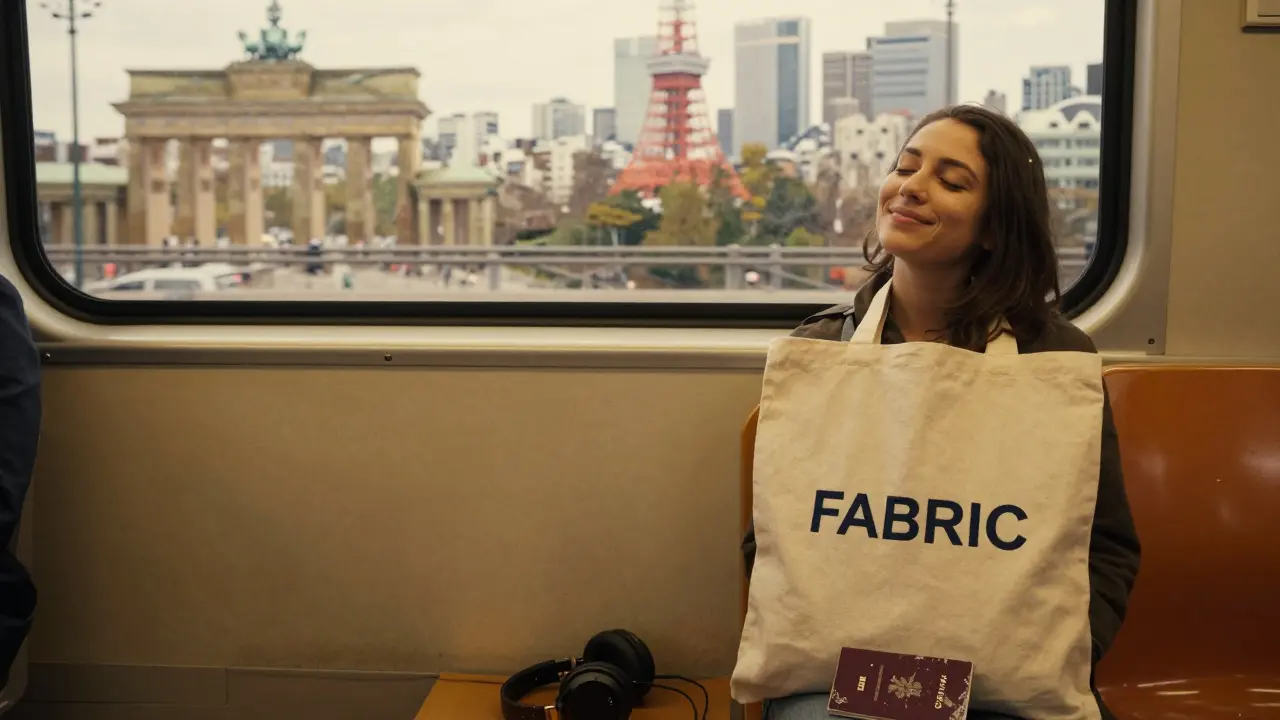 FABRIC canvas bag on a subway seat with headphones and passport, cityscapes visible through the window.