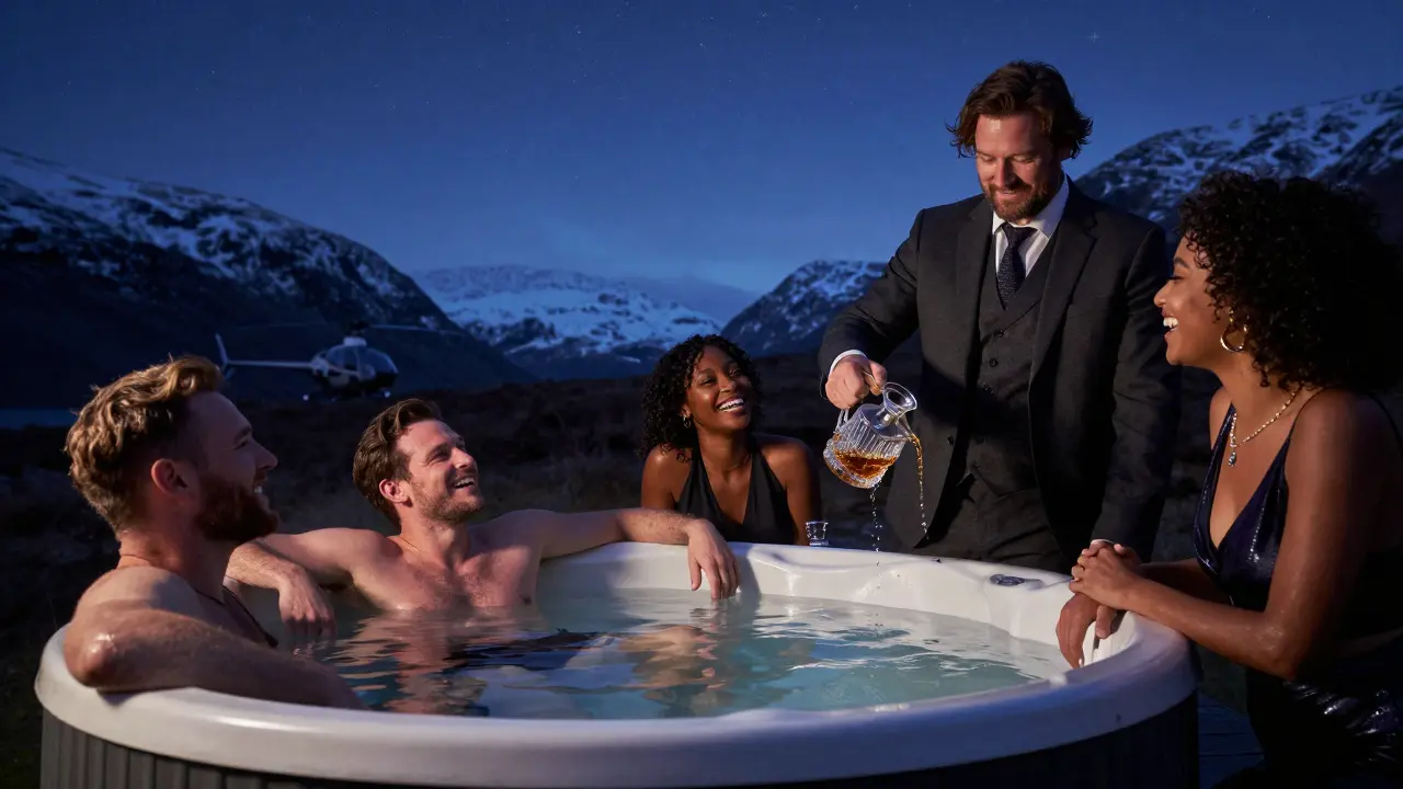 Friends relaxing in a hot tub under stars in the Scottish Highlands with a helicopter in the distance.