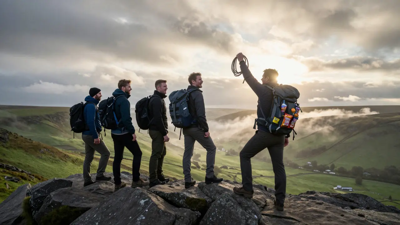Hikers celebrating at sunrise on a rocky ridge in the Peak District, overlooking a misty valley.