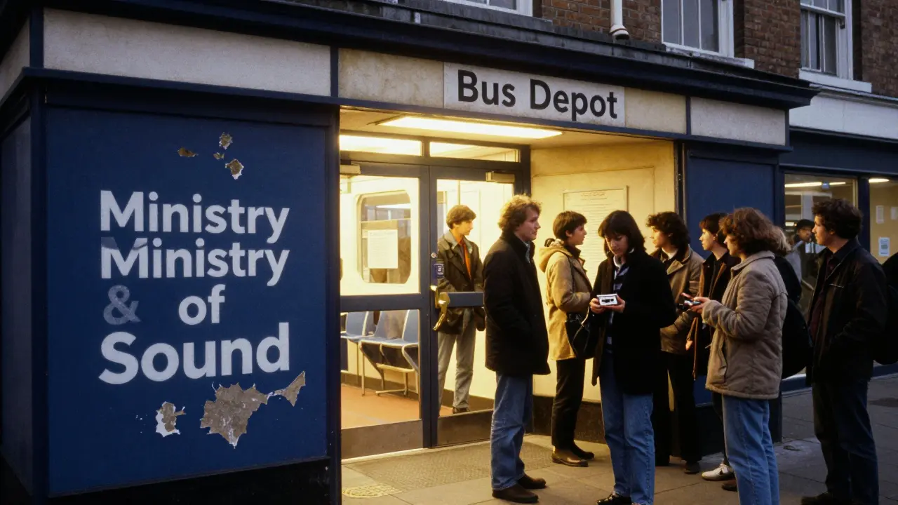 Original 1991 entrance of Ministry of Sound in a converted bus depot, with patrons waiting outside at night.