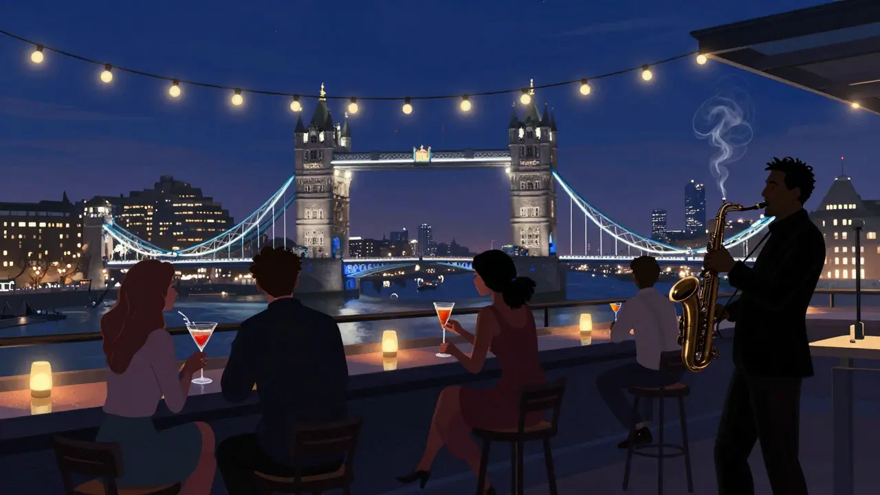 Rooftop bar in London at midnight with Tower Bridge glowing in the distance and patrons enjoying cocktails.