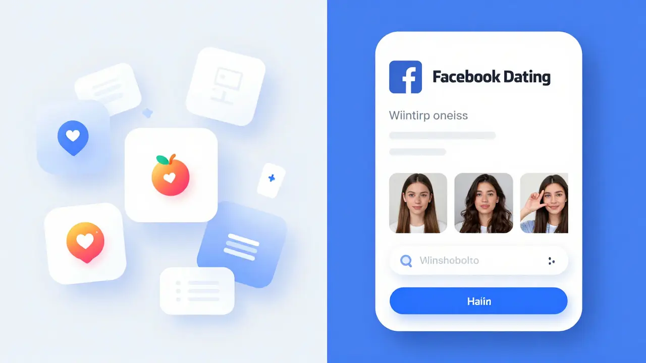 Side-by-side comparison of chaotic Tinder interface versus clean Facebook Dating interface on a smartphone.