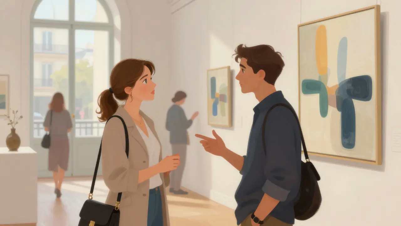 Social companion and client discussing art in a Parisian gallery with sunlight streaming through windows.