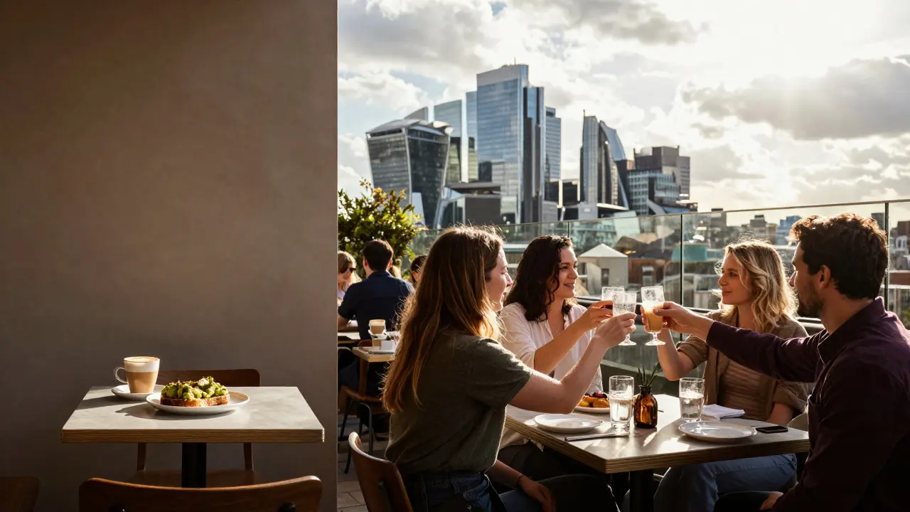 Split image: quiet café brunch vs. lively rooftop brunch with panoramic city views.