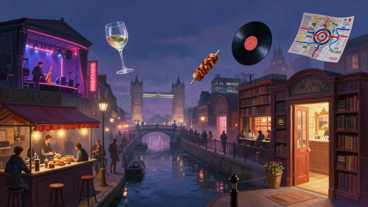 Surreal collage of London's nightlife scenes: jazz, techno, food, and hidden bars merging into one dreamlike landscape.