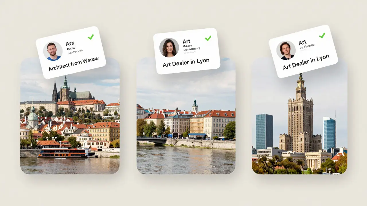 Three European cityscapes with verified dating profile cards floating above each, symbolizing authentic connections.
