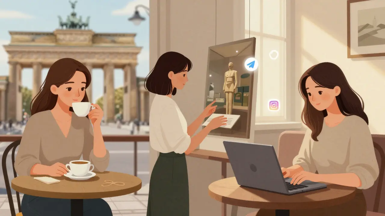 Three European women in Berlin, Vienna, and Budapest, each engaged in everyday professional or personal moments.