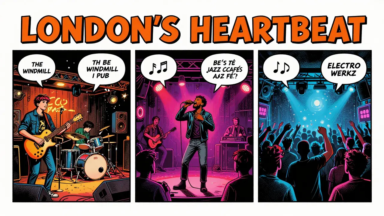 Three iconic London music venues depicted in vintage comic book style with bold lines and neon colors.