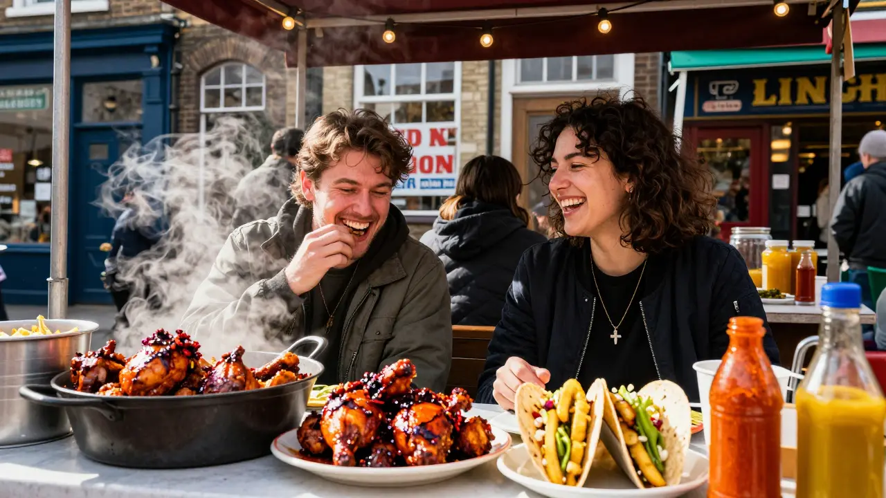 Two people laugh over street food in Brixton Village, surrounded by colorful stalls and string lights.