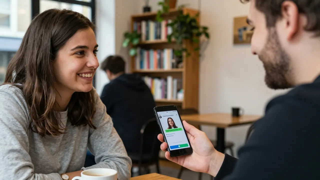 Two people on a date in a London coffee shop, one showing a Facebook Dating match screen with shared interest tag.