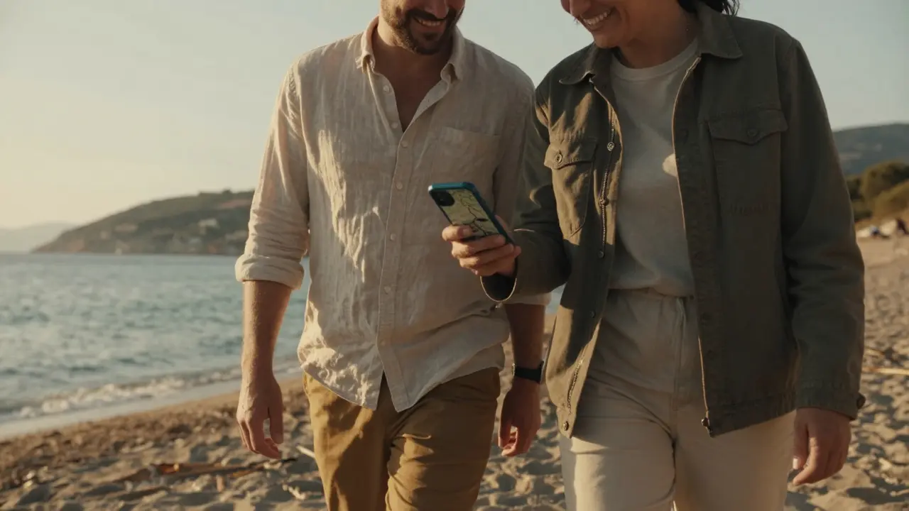 Two people walking along a coastal path, sharing a phone screen showing a hiking map at golden hour.